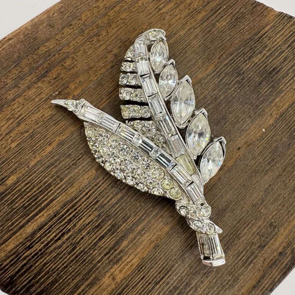 Pell Clear Rhinestone Flower Leaf Brooch  Marquis And Baguette Stones Sparkling